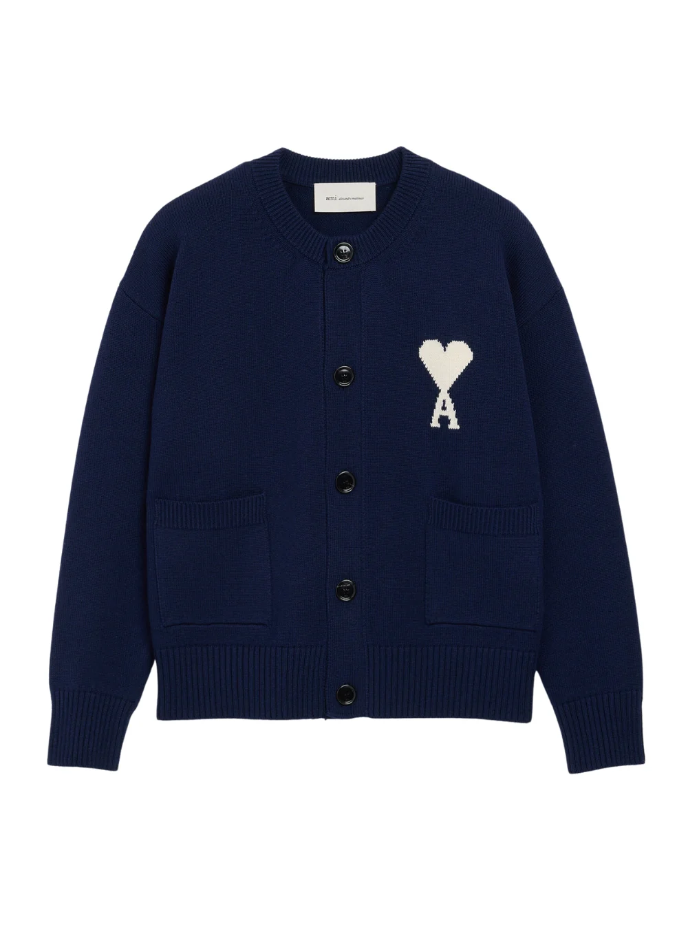 AMI QUOTA CREWNECK CARDIGAN WITH CONTRASTED AMI DE COEUR
